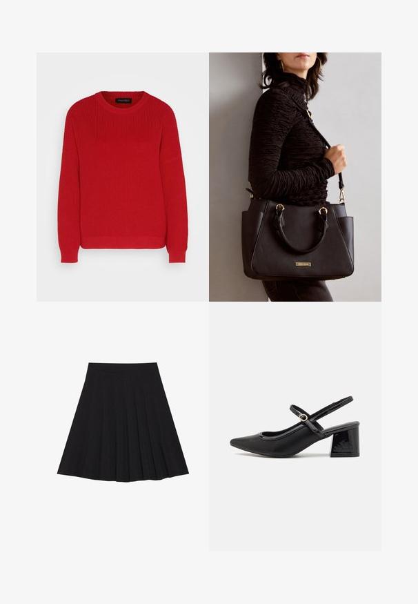 Rdeča pletena jopica s okroglo izrezom, rebrasto teksturo in nekoliko prevelikimi rokavi. Ima ravno spodnji rob in trpežno tkanino.; Črna plisirana krila iz strukturiranega materiala s prilegajočim pasom. Segajo do kolen in ponujajo gladko, čisto silhueto.; Črne patentne usnjene salonarce s slingback obliko, s koničastim nosom, zaobljenim izrezom in blok peto. Imajo zlato kovinsko zaponko kot dodatno okrasje.; Črna torbica z teksturirano površino, z dvema zgornjima ročajema in nastavljivim ramenskim pasom. Ima zlatovrateče dodatke in stranske žepe.