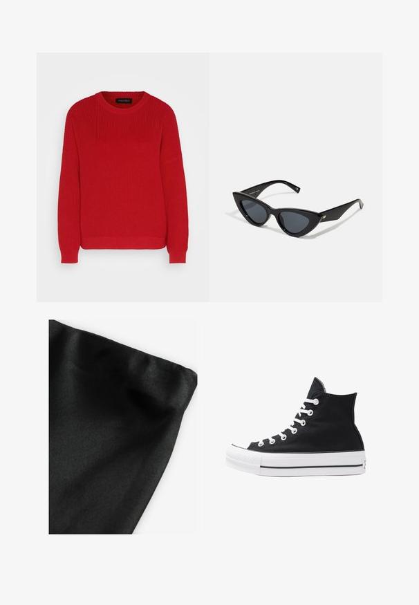 Maglione rosso a maglia con scollo rotondo, texture a costine e maniche leggermente sovradimensionate. Presenta un orlo dritto e un tessuto resistente.; Tessuto nero con una superficie liscia, caratterizzato da un bordo piegato. Il materiale presenta una leggera lucentezza e una superficie uniforme senza motivi o dettagli.; Sneaker alta nera in tela con occhielli e lacci bianchi e suola in gomma. Presenta un punta testurizzata e accenti a strisce bianche e nere.; Occhiali da sole a forma di occhio di gatto con una montatura in plastica nera lucida, lenti scure e dettagli in oro sulle tempie. Design angolare con linee eleganti.; Even&Odd Shopping bag - black