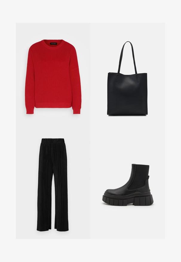 Raudonas mezginys megztinis su apvalia iškirpte, grublėta tekstūra ir šiek tiek per didelėmis rankovėmis. Has tiesią apatinę kraštą ir tvirtą audinį.; Juodi plisuoti kelnės su elastine juosta. Turėkite plačias kojas ir glotnų, tekstūrinį audinį su vertikaliais dryžiais.; Juodos kulkšninių botų, pagamintų iš lygaus odos, su elastingais šonų elementais, masyviu platformos padu ir tekstūruotu raštu.; Juodas odinis tote krepšys su lygia tekstūra, stačiakampio formos ir dviem ilgais rankenomis. Matomų metalinių detalių ar puošybos nėra.