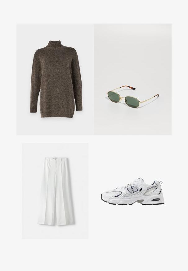 Ruskea neulepusero, jossa on pitkä kaulus, pitkät hihat, rento malli ja ribbaatut hihansuut. Puserossa on pehmeä rakenne ja hienovarainen värivaihtelu.; Bershka WIDE-LEG TAILORED - Housut - white; Valkoinen urheilushoe, jossa on verkkomateriaali päällä, laivastonsiniset yksityiskohdat ja pehmeä pohja. Varustettu "N"-logolla, nauhoilla ja teksturoidulla yksityiskohdalla sivussa.; Kuoha-muotoiset aurinkolasit tummanvihreillä linsseillä. Kultasävyinen metallirunko ja ruskeat kilpikonnakuosiset yksityiskohdat templeissa. Minimalistinen muotoilu.