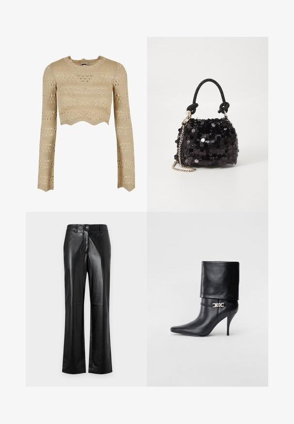 Crop top bej tricotat cu mâneci lungi, având un tiv cu dantelă, modele texturate și detalii de lucru deschis în întreaga confectionare.; Pantaloni din piele neagră cu un design drept, având închidere frontală cu nasture, tivuri pentru curea și o textură netedă, lucioasă.; Botine negre din piele, cu vârf ascuțit, toc înalt și subțire, cu manșetă pliată și un detaliu decorativ cu cataramă aurie la gleznă.; Geantă mini neagră cu paiete, cu un umar texturat înnodat și un lanț argintiu. Formă rotundă cu partea de sus adunată și detalii reflectorizante.