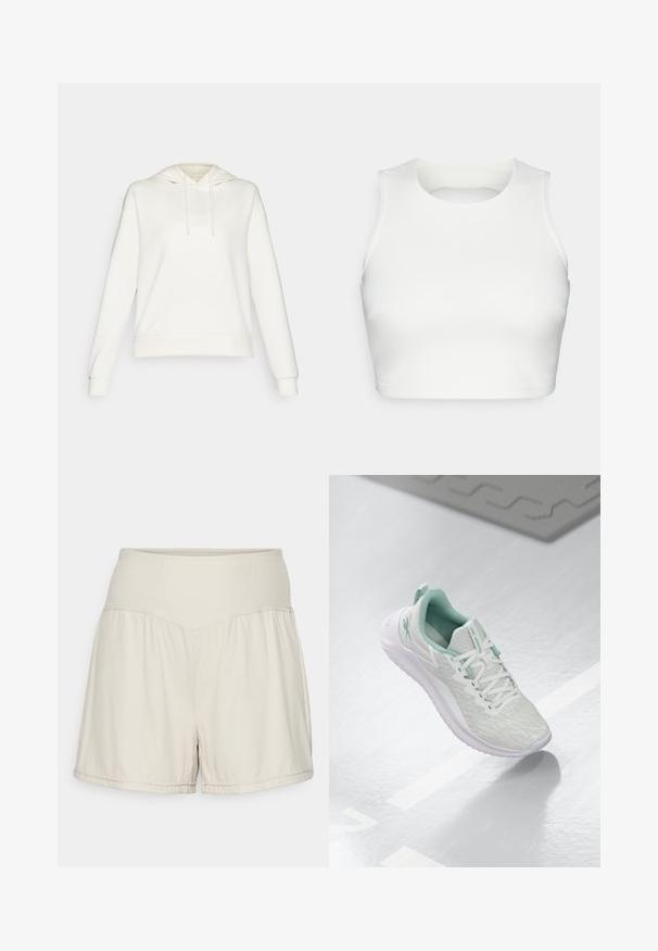 Hoodie blanc avec une capuche à cordon, des manches longues et des poignets côtelés. Présente une texture de tissu lisse et une coupe décontractée.; Top court sans manches blanc en tissu lisse, avec un col rond et un design à dos ouvert, et des coutures soignées le long des bords.; Shorts beige clair avec une taille côtelée texturée, un design fluide et une coupe décontractée. Comporte des ourlets cousus et des fentes latérales pour plus de flexibilité.; Baskets de sport gris clair avec un dessus en maille texturée, accents vert menthe, lacets blancs, semelle en caoutchouc et une languette au talon.