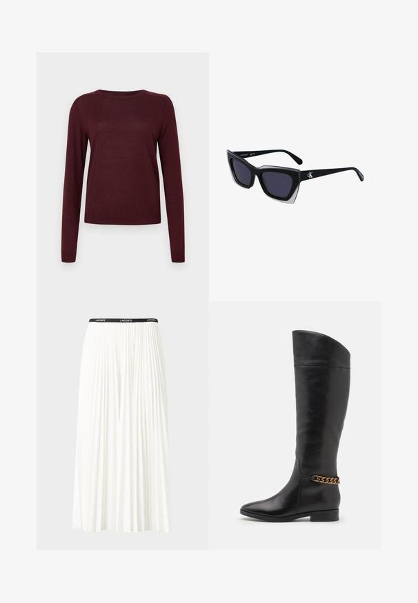 Burgundska dolga majica z dolgimi rokavi iz mehkega materiala, ima okroglo ovratnik in rebraste manšete, z lahkotno in gladko teksturo.; Gubasta bela krila z črnim elastičnim pasom, ki nosi logotip "LACOSTE". Srednje dolga zasnova z mehkobo tkanine.; Visoke črne usnjene škornje z eleganten dizajnom, s koničastim nosom in zlatim verižnim poudarjanjem okoli gležnja. Nizek blok peti. Gladka tekstura.; Črne prevelike sončne očala geometrijske oblike, z temnimi lečami in kontrastno sivo podrobnostjo na okvirju. Logo na ročaju.