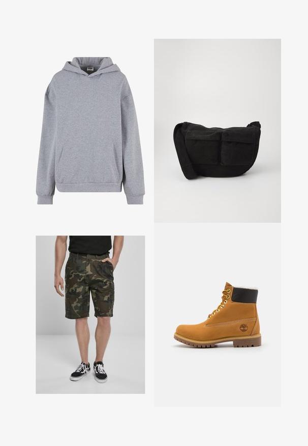 Grå huva sweatshirt. Tillverkad av mjukt tyg, har en framficka, ribbade ärmmuddar och nederkant. Enkelt design utan ytterligare mönster eller detaljer.; Kamouflage cargo-shorts med cargo-fickor, tillverkade av vävt tyg i gröna och bruna nyanser. Matchas med svarta sneakers med vita snören.; Brun läderankelsko med metalöglor, vit pälsfoder, svart vadderad krage, robust sula och präglad logotyp på sidan.; Svart manchester axelremsväska med justerbar rem, som har framfickor och en mjuk textur. Kompakt design med minimala detaljer.