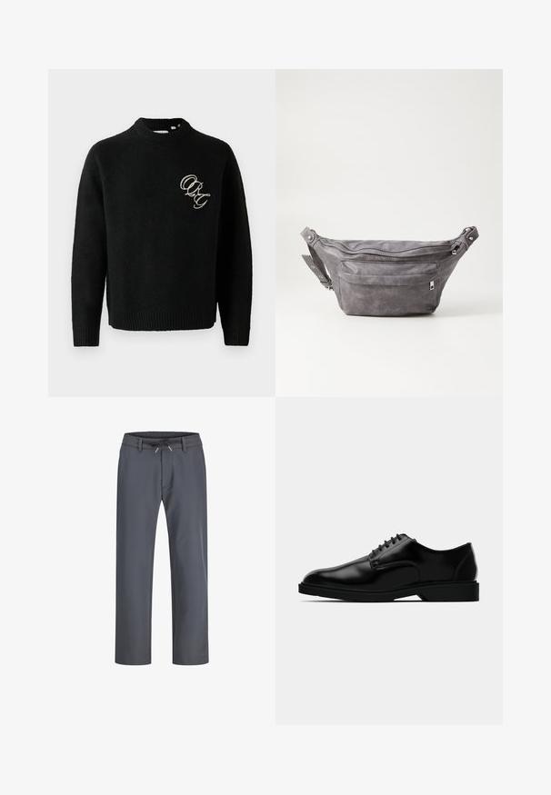 Svart stickad tröja med rund halsringning, med ribbade manschetter och nederkant. Broderade bokstäver "ORG" i kontrasterande färg på bröstet.; Grå byxor med elastisk midja och snöre. Rakt ben-design, tillverkade av slät tyg, har minimal sömnad och ingen synlig hårdvara.; Svart läderklänning sko med en jämn yta, rund tå, snörning och diskret gummisula för bättre grepp.; Grå mockafjällsryggsäck med rundad form, två fickor med dragkedja och justerbart bälte. Har metallackenter som detaljer.