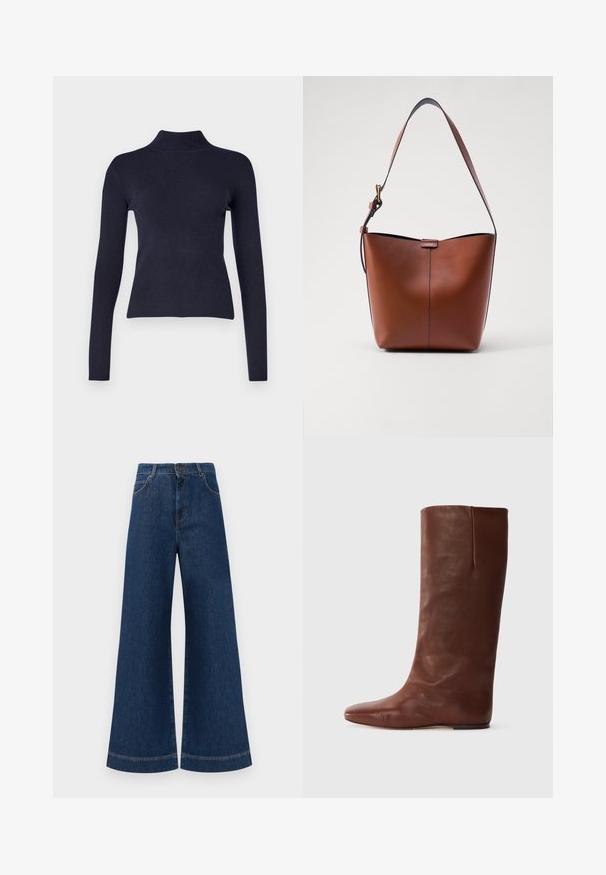 Weekend Max Mara ZANZARA - Jumper - blu; Wide-leg blue denim jeans with a high waist, featuring a button closure, belt loops, and subtle stitching details along the pockets and hems.; Brown leather knee-high boot with a pointed toe and minimalistic design; smooth texture, no visible hardware or embellishments.; Brown leather shoulder bag with a curved shape, smooth texture, and a single thin strap. Features a subtle seam and a small logo detail.