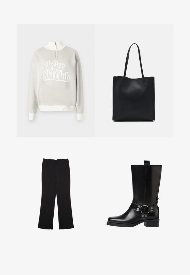 Lichtgrijze trui met witte geribbelde zoom en kraag, met een opvallend getextureerd "Le Ger Ski Club" ontwerp op de voorkant. Rits half open.; Zwarte broek met een rechte pasvorm, voorzien van zijzakken en plooien aan de onderzijde. Gemaakt van zachte, gladde stof. Geschikt voor verschillende gelegenheden.; Zwarte leren kniehoog laars met een puntige neus, zilverkleurige gesp accentuaties en een stevige hak. Beschikt over een trekband voor eenvoudig aan- en uittrekken.; Zwarte leren handtas met een gladde textuur, rechthoekige vorm en twee lange handvaten. Geen zichtbare hardware of versieringen.