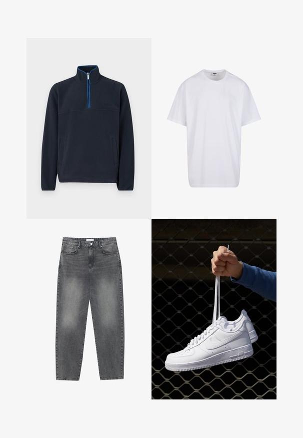 Marinefarbener Fleece-Pullover mit Viertelreißverschluss, kontrastierendem blauen Reißverschluss und zwei Fronttaschen; ausgestattet mit einem dezenten Logo auf der Brust.; Weiße Baumwoll-T-Shirt mit kurzen Ärmeln, rundem Ausschnitt, lockerer Passform und ohne sichtbare Logos oder Muster. Glatte Textur und minimalistisches Design.; Hoch taillierte, locker sitzende Jeans aus verwaschenem schwarzem Denim. Verfügt über fünf Taschen, Gürtelschlaufen und ein sauberes, gerades Bein-Design.; Weiße Leder-Sneaker mit Perforationen, runder Zehenpartie, flacher Sohle und dicken Schnürsenkeln, mit sichtbar eingesticktem Swoosh-Logo und "AIR" an der Ferse.