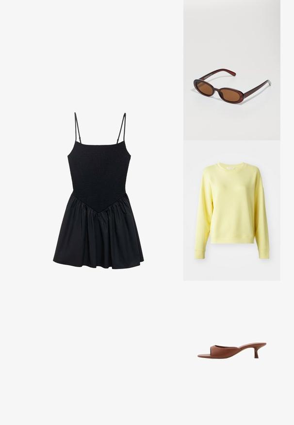 Żółta bluza z okrągłym dekoltem, długimi rękawami, obniżonymi ramionami i miękką fakturą. Lekko luźny krój z ściągaczami przy mankietach.; Czarna sukienka z marszczonym gorsetem i regulowanymi ramiączkami spaghetti. Spódnica jest marszczona, tworząc rozkloszowany kształt. Gładka tekstura na całej powierzchni.; Brązowe klapki na obcasie z odsłoniętymi palcami, o gładkim, matowym wykończeniu, z zakrzywionym kształtem i przezroczystym, zwężającym się obcasem.; Okrągłe, brązowe okulary przeciwsłoneczne z błyszczącą bordową oprawą. Cienkie ramiona z subtelnym detalem marki. Płaski kształt soczewek.; Woven straw basket bag with brown leather accents, two handles, and a detachable strap. Curved shape with a sturdy base.