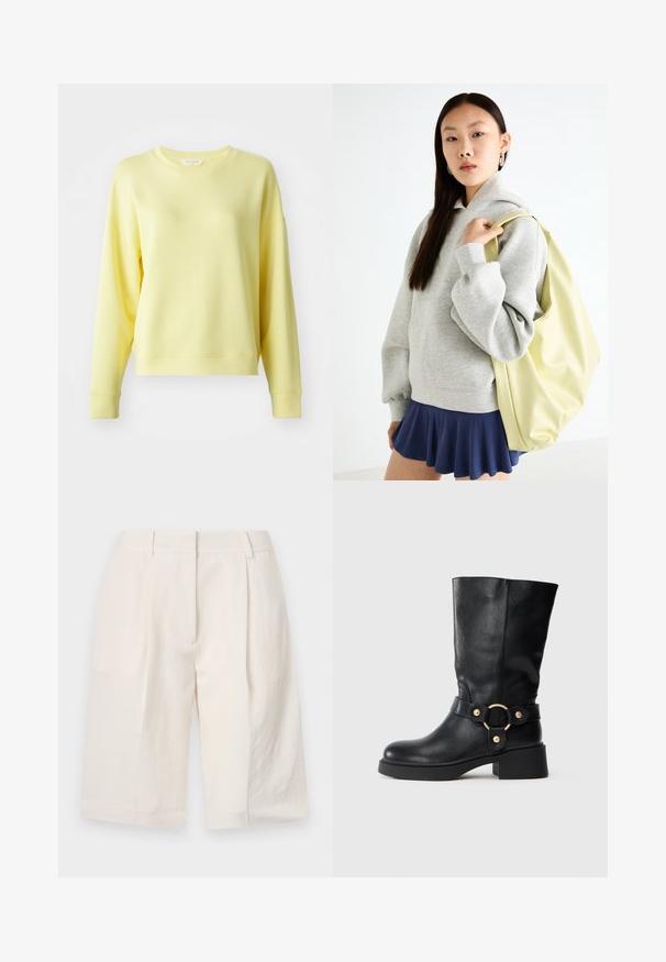 Žlutá mikina s kulatým výstřihem, dlouhými rukávy, spadlými rameny a jemnou texturou. Mírně uvolněný střih s žebrovanými manžetami.; Bílé lněné kraťasy s elegatním střihem, sklady na přední straně a širokými nohavicemi. Hladká textura a délka do poloviny stehna.; Černé kožené boty do poloviny lýtek s masivním podpatkem a dekoračním páskem s kulatou zlatou sponou na bílém pozadí.; Šedá oversized mikina s klokaní kapsou, spárovaná s námořnickou áčkovou sukní. Doplňky: velký světle žlutý batoh s hladkým povrchem.