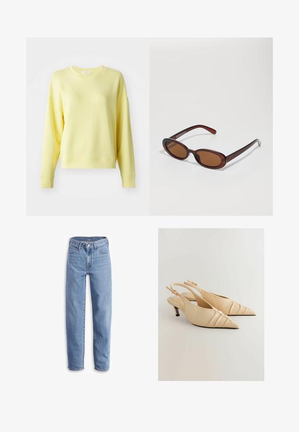 Hanorac galben cu guler rotund, mâneci lungi, umeri căzuți și o textură moale. Ajustat ușor, cu manșete ribbate.; Jeans de culoare albastru deschis, din denim, cu o croială lejeră, picior drept, design cu cinci buzunare și margini desfăcute pentru un aspect casual.; Sandale cu toc slingback din piele bej, cu vârf ascuțit și detalii cu textură strânsă. Dispune de un toc mic și o curea pentru gleznă ajustabilă.; Ochelari de soare rotunzi, cu nuanțe de brown și cu un cadru lucios de burgund. Brațe subțiri cu detalii subtile de branding. Design cu lentile plate.