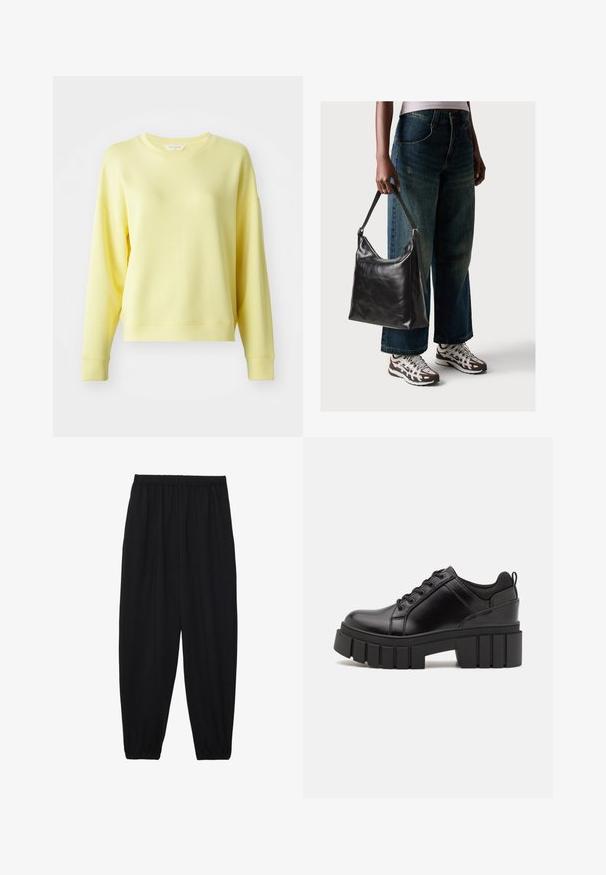 Gelbfarbener Pullover mit rundem Halsausschnitt, langen Ärmeln, überschnittenen Schultern und weicher Textur. Leicht lockere Passform mit gerippten Bündchen.; Schwarze, leichte Hosen mit einem elastischen Bund und gerafften Knöcheln. Der Stoff ist glatt und hat ein entspanntes, schmal zulaufendes Design.; Schwarze Lederplateauschuhe mit klobigem Blockabsatz, runder Zehenpartie und traditionellem Schnürdesign. Verfügt über eine glatte Textur und minimale Details.; Schwarze Leder-Schultertasche mit glatter Textur und verstellbarem Riemen, kombiniert mit ausgewaschenen weit geschnittenen Jeans und sportlichen Sneakern.
