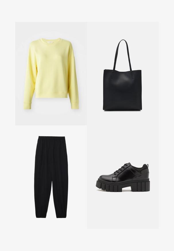 Rumena trenerka s kružnim izrezom, dolgimi rokavi, spuščeni rameni in mehkimi vlakni. Rahlo sproščen kroj s rebrastimi manšetami.; Črne, lahke hlače z elastičnim pasom in nabranimi gležnji. Tkanina je gladka in ima sproščen, taperiran dizajn.; Črne usnjene platforme z debelim blokastim petam, okroglo konico in klasičnim vezanjem. Imajo gladko teksturo in minimalne podrobnosti.; Črna usnjena torba s svilnato teksturo, pravokotne oblike in dvema dolgima ročajema. Brez vidnih metalnih delov ali okrasnih elementov.