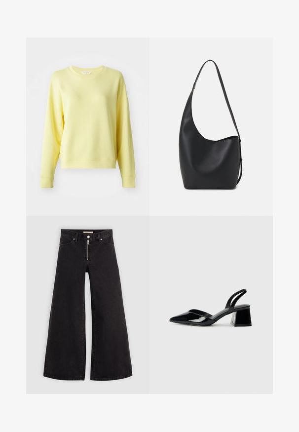 Yellow sweatshirt with a round neck, long sleeves, dropped shoulders, and a soft texture. Slightly relaxed fit with ribbed cuffs.; Wide-leg jeans in black denim with a zippered front, five-pocket design, and subtle stitching details. Smooth texture and casual style.; Black patent leather slingback heels with a pointed toe and a geometric block heel. Features a sleek, minimal design and smooth texture.; Black leather hobo bag with a smooth texture, curved shape, and single adjustable strap; features a wide opening at the top.