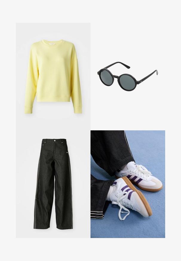 Dzeltena džemperis ar apaļu kakla izgriezumu, garām piedurknēm, nolaistām plecu daļām un maigu tekstūru. Nedaudz brīvs piegriezums ar ribotām aprocēm.; Melnas džinsa bikses ar platām kājām un baltām sānu svītrām, ar priekšējiem kabatām, pogājamu priekšpusi un diskretu logotipu netālu no jostasvietas.; Baltas sporta apavu pāris ar purpura svītrām un brūnām gumijas zolemi, ar apaļām auklām un mīkstinātu apkakli. Valkāti ar tumšiem džinsu biksēm.; Apaļas saulesbrilles ar melnu plastmasas rāmīti un tumši pelēkiem stikliem. Iezīmē plānas, taisnas kājas ar minimālistiskiem akcentiem.