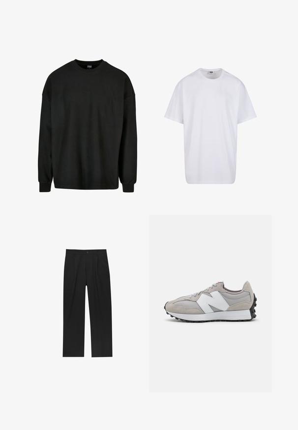 Felpa nera a maniche lunghe in tessuto a coste con collo rotondo e vestibilità ampia. Presenta un tessuto testurizzato e polsini aderenti. Senza dettagli grafici.; Maglietta bianca in cotone con maniche corte, scollatura rotonda, vestibilità comoda e senza loghi o motivi visibili. Texture liscia e design minimale.; Pantaloni neri con un design a gamba dritta, realizzati in un tessuto liscio. Presentano pieghe frontali e una chiusura a un bottone in vita.; Sneaker grigio realizzato in materiali mesh e suede, con logo bianco laterale, lacci grigi e suola in gomma nera.