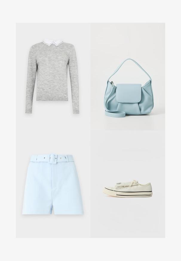 Šedý sveter s dlhými rukávmi, s bielym golierom zdobeným dekoratívnymi cvokmi. Vyrobený z jemnej, textúrovanej látky.; Svetlomodré šortky s opaskom v páse, s štvorcovou sponou a kovovými doplnkami. Hladká tkanina, tailored strih a skladaná predná časť.; Plátěné tenisky v béžovej farbe, klasického nízkeho strihu s okrúhlou špičkou, čiernymi pruhmi na podrážke a tromi otvormi na šnurovanie. Žiadne viditeľné logo.; Svetlomodrá kožená kabelka s hornou rukoväťou, prednou klopou a odnímateľným zápästným popruhom na bielom pozadí.