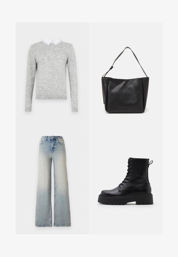 Szary sweter z długimi rękawami, z białym kołnierzykiem ozdobionym dekoracyjnymi ćwiekami. Wykonany z miękkiego, teksturowanego materiału.; Jasnoniebieskie dżinsy o szerokich nogawkach, wykonane z denimu, z wysokim stanem, pięcioma kieszeniami i widocznym przeszyciem wzdłuż szwów.; Czarne skórzane botki za kostkę z okrągłym noskiem, sznurówką z przodu i grubą gumową podeszwą z teksturowanym bieżnikiem. Pętelka do zakładania z tyłu.; Calvin Klein GRACIE czarny; Złote kolczyki w kształcie cienkich okrągłych obręczy, o gładkim metalicznym wykończeniu, bez zdobień czy wzorów.