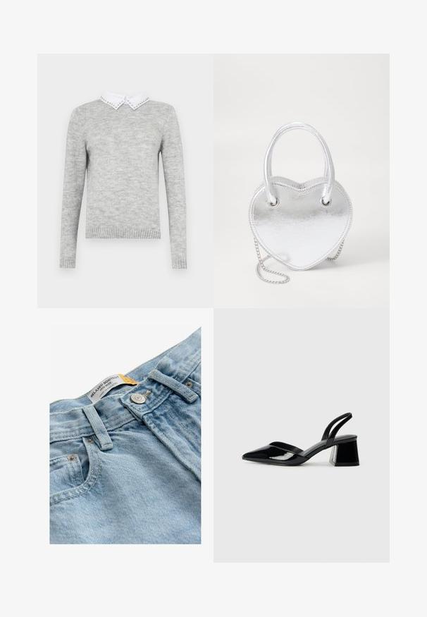 Szürke pulóver hosszú ujjakkal, fehér gallérral, dekoratív tüskés díszítéssel. Puha, texturált anyagból készült.; Világoskék farmernadrág, laza bootcut fazonnal, közepes derékkal, fém gombzárral és "RELAXED BOOTCUT" címkével.; Fekete lakk bőr szandálkés magas sarkú cipő, hegyes orral és geometrikus tömbsarkakkal. Karcsú, minimalista dizájn és sima textúra jellemzi.; Ezüst fém szív alakú kézi táska dupla fogantyúval, láncos pánttal és sima felülettel. Fém hardverrel és varrott szélekkel rendelkezik.