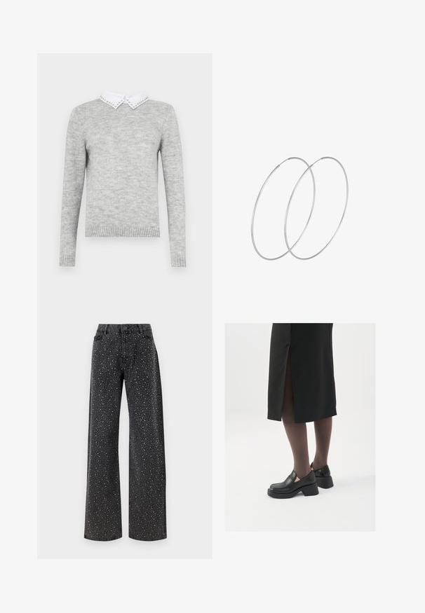 Grauer Pullover mit langen Ärmeln, ausgestattet mit einem weißen Kragen, der mit dekorativen Nieten verziert ist. Hergestellt aus einem weichen, strukturierten Stoff.; Noisy May NMJANNEL LOOSE - Jeans Relaxed Fit - black denim; Schwarze Lederschuhe mit abgerundetem Zeh, dicker Blockabsatz und elastischen seitlichen Akzenten, kombiniert mit dunklen Strumpfhosen und einem schwarzen Rock mit Schlitz.; Silberne Creolen mit minimalistischem Design. Rundform, glatte Oberfläche und dünnes Profil. Leichtgewichtig mit hochglänzender Oberfläche.