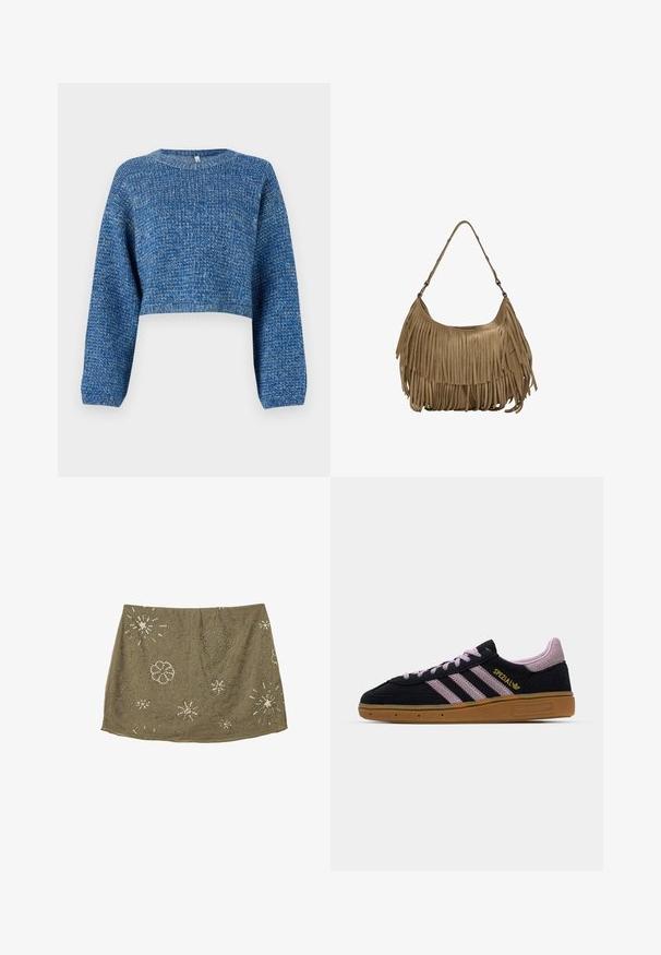 Maglione blu cropped realizzato in morbido tessuto a maglia testurizzata. Caratterizzato da maniche lunghe e scollatura tonda. Colore uniforme con leggere variazioni.; Gonna verde oliva con vita aderente, con decorazioni in perline argentate in modelli floreali e a stella, che creano un design della superficie testurizzato.; Sneaker in suede nera e rosa con suola in gomma, tre strisce rosa, branding dorato "SPEZIAL" e suola in gomma testurizzata. Design basso.; Borsa a tracolla in suede marrone con lunghi dettagli in frange, forma curva e una singola tracolla. Presenta una superficie liscia e testurizzata.