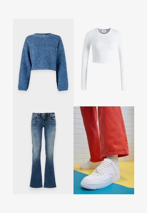 Cropped blue sweater made of textured knit fabric. Features long sleeves and a round neckline. Even color with subtle variations.; White long-sleeve crop top made of ribbed fabric. Features a round neckline and a fitted design. Label visible inside at the neck.; Denim flared jeans in medium blue with faded areas and distressed detailing. Features five pockets and a zip fly with button closure.; White leather sneaker with perforated toe box, textured sole, and white laces, paired with wide red pants and a blue and yellow background.