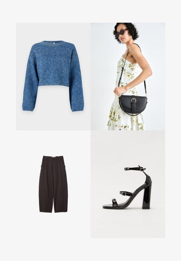 Gekürzter blauer Pullover aus strukturiertem Strickstoff. Mit langen Ärmeln und rundem Halsausschnitt. Einheitliche Farbe mit subtilen Variationen.; Schwarze weit geschnittene Hosen aus einem glatten Stoff, mit hoher Taille, Frontfalten und Seitentaschen. Schlichtes Design ohne Verzierungen.; Schwarze patentierte Sandalen mit Absatz, quadratischer Spitze, Knöchelriemen und silbernen Schnallen. Mit einem stabilen Blockabsatz für mehr Stabilität.; Schwarze Lederhandtasche mit geschwungener Form, abnehmbarem Tragegurt und goldenen Beschlägen. Die Tasche verfügt über einen Deckel mit einer Schnallen-Details.