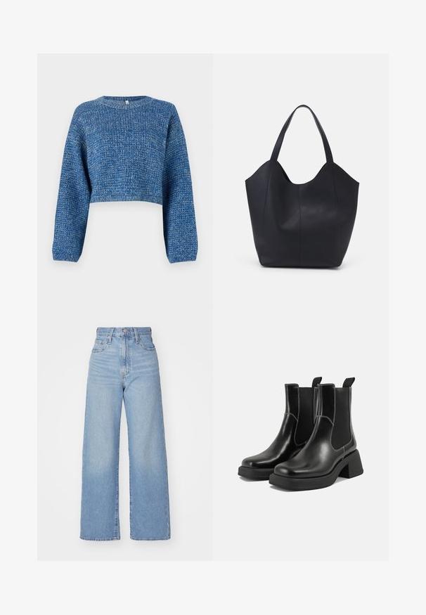 Afskåret blå sweater lavet af tekstureret strikstof. Har lange ærmer og rund halsudskæring. Ensartet farve med subtile variationer.; Lyseblå højtaljede bukser med bred benåbning, med frontknap og lynlås, samt for- og baglommer, på en hvid baggrund.; Sorte læder Chelsea-støvler med en kraftig hæl, elastiske sidepaneler og kontrastfarvet hvid syning. Tekstureret overflade.; Sort tote taske lavet af glat læder, med en buet, åben top, to skulderstropper og et minimalistisk design.