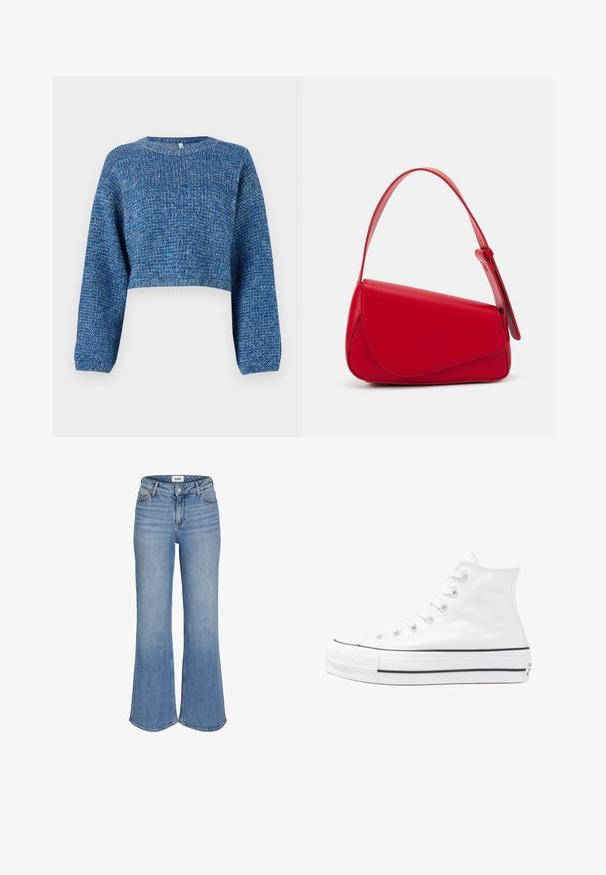 Kuttet blå genser laget av teksturert strikket stoff. Har lange ermer og rund halslinning. Jevn farge med subtile variasjoner.; Lys blå denim flared jeans med høy midje, med frontlommer, glidelås og subtile falminger. Sømmen er synlig langs kantene.; Hvit høy-skinn kanvas sneakers med svart gummisåle, gummitåhette foran og seks hull for snorer, med et rent, minimalistisk design.; Rød lærveske med en vinklet, geometrisk design. Har en enkelt justerbar stropp og en klaffelukking med sydd detaljer.