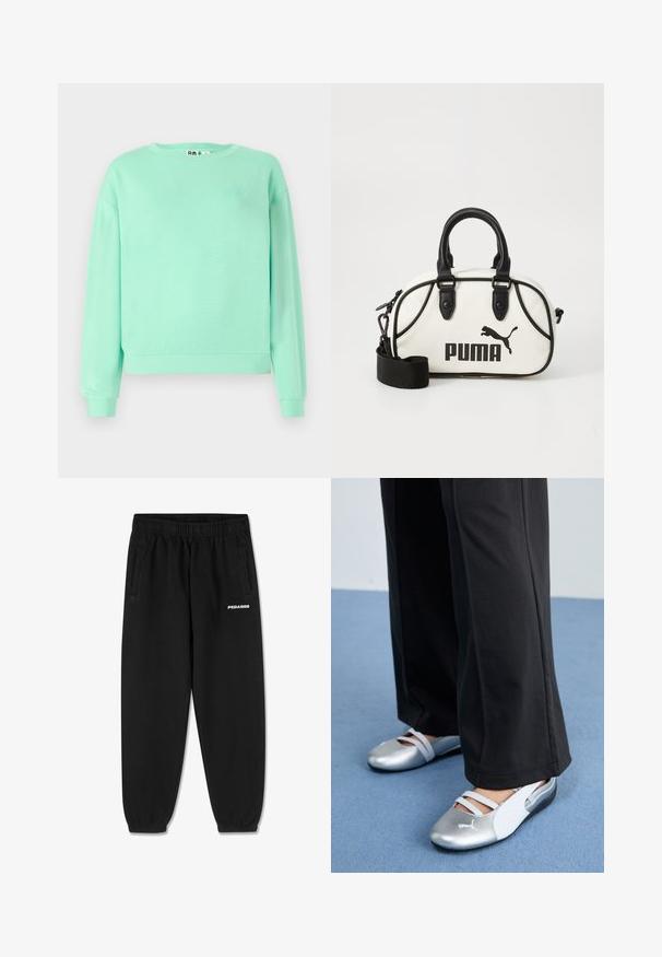 Myntgrønn sweatshirt med rund hals, lange ermer, ribbestrikkede mansjetter, mykt stoff, med et subtilt brodert design på brystet.; Grå bomull t-skjorte med korte ermer, med rund hals og en liten hvit "PEGADOR"-logo foran. Glatt tekstur, avslappet passform.; Sorte joggebukser laget av mykt stoff, med snor i livet, tapered ben og sidelommer. "PEGADOR"-logo i hvitt på fronten.; Sølv- og hvite flate sko med kryssremmer og teksturert detaljer, komplementert av løse svarte bukser. Plassert på et blått gulv.; Hvit håndveske med svarte detaljer, med Puma-logo. Korte, avrundede håndtak og en avtagbar stropp, laget av teksturert syntetisk materiale.