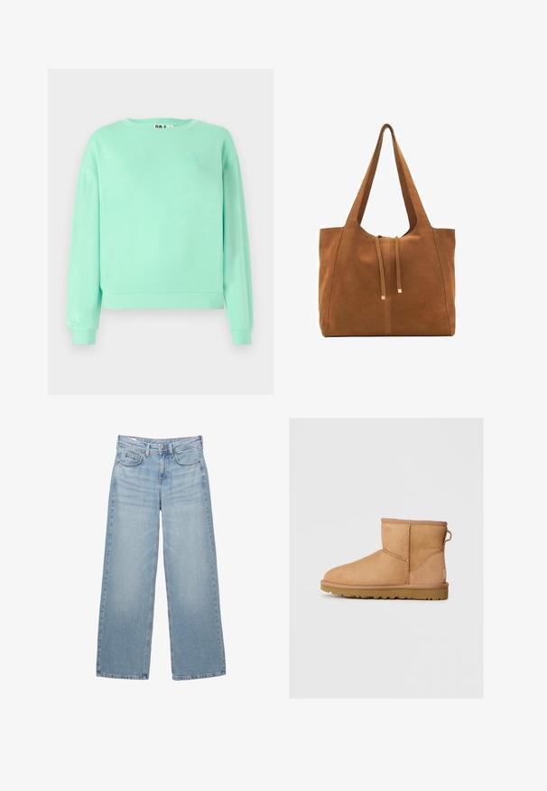 Mintgroene sweatshirt, ronde hals, lange mouwen, geribbelde boorden, zacht materiaal, met een subtiele geborduurde dessin op de borst.; Witte katoenen t-shirt met korte mouwen, een ronde hals en een relaxte pasvorm. Het materiaal lijkt glad te zijn zonder zichtbare patronen of grafische afbeeldingen.; Lichtblauwe denim wijde broek met een hoge taille, vijf zakken en subtiele vervaging, met een metalen knoop en riemlussen.; Tan suède enkellaars met ronde neus, gestikte details, trekhaak aan de achterkant en een gestructureerde rubberen zool. Ontworpen voor comfort en warmte.; Bruine suède schoudertas met twee lange hengsels, trekkoordsluiting en minimalistisch ontwerp. Gladde textuur en geen zichtbare hardware-accenten.