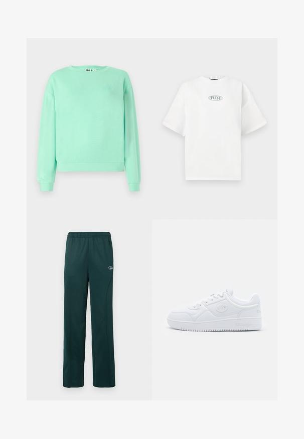 Felpa verde menta, colletto rotondo, maniche lunghe, polsini a coste, tessuto morbido, con un sottile design ricamato sul petto.; T-shirt bianco a maniche corte in cotone, con un logo grafico verde all'interno di una forma ovale al centro del petto.; Pantaloni della tuta verde scuro realizzati in tessuto morbido, dotati di una vita elasticizzata e cuciture laterali, con un piccolo logo sulla parte anteriore.; Sneaker bianco realizzato in materiale sintetico liscio, con punta rotonda, suola piatta e sottili accenti del logo sui lati. Design classico low-top.