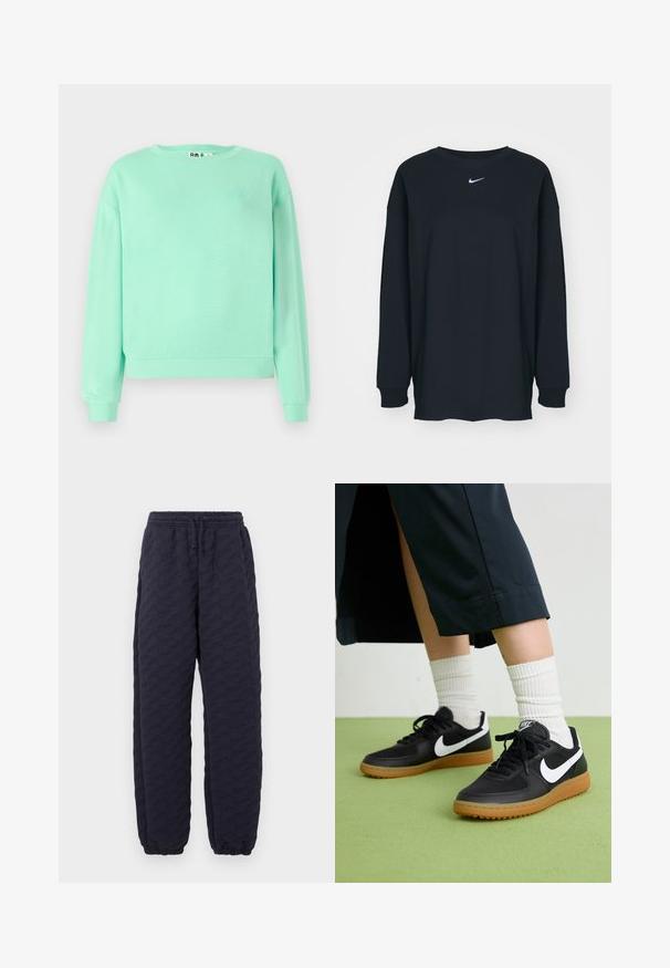 Myntgrønn sweatshirt med rund hals, lange ermer, ribbestrikkede mansjetter, mykt stoff, med et subtilt brodert design på brystet.; Svart langermet T-skjorte laget av bomull med rund hals. Har en hvit Nike-logo på brystet. Myk tekstur, enkelt design.; Mørk marineblå polstrede bukser med elastisk midjebånd og mansjetter, med et teksturert mønster av abstrakte former gjennom hele stoffet.; Sorte lær- og syntetiske joggesko med hvit Nike swoosh, gummisåle, rund tå og sorte lisser. Ribbet hvite sokker synlige.