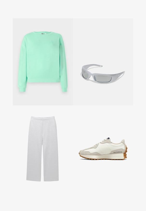 Mätová mikina, s okrúhlym výstrihom, dlhými rukávmi, rebrovanými manžetami, z mäkkého materiálu, s jemne vyšitým dizajnom na hrudi.; Biele široké nohavice vyrobené z mäkkého materiálu s elastickým pásom a dvoma bočnými vreckami; hladká textúra a minimálne zdobenie.; Biele a béžové tenisky s hladkým koženým zvrškom, semišovými akcentmi, okrúhlou špičkou a textúrovanou gumovou podrážkou. Názov značky je natlačený na boku.; Slnko okuliare so štíhlým, šedým plastovým rámom, zakriveným dizajnom a šedými tónovanými sklami. Na jednom ramene sa nachádza akcent loga.; Čierna kožená hobo taška s mäkkým, zakriveným tvarom. Má široké vrchné uško a nariasenie na spodnej časti, čo vytvára voľný vzhľad.