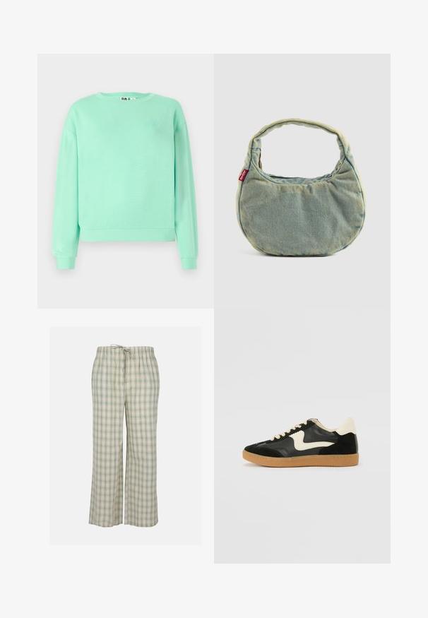 Bledo zelena dukserica, kratki ovratnik, dugi rukavi, rebrasti manžeti, meka tkanina, sa suptilnim izvezenim dizajnom na grudima.; Zelene in bele karirane pižamne hlače, narejene iz mehkega materiala, imajo elastičen pas s vrvico in široke, udobne noge.; Črne semiš in usnjene superge s kremasto stransko puščico in svetlo kremasto peto. Imajo bež čipke in gumijast podplat.; Svetlo modra denimska torbica z kratkim oblazinjenim ročajem in majhno rdečo oznako Levi's na strani, postavljena proti enotni podlagi.