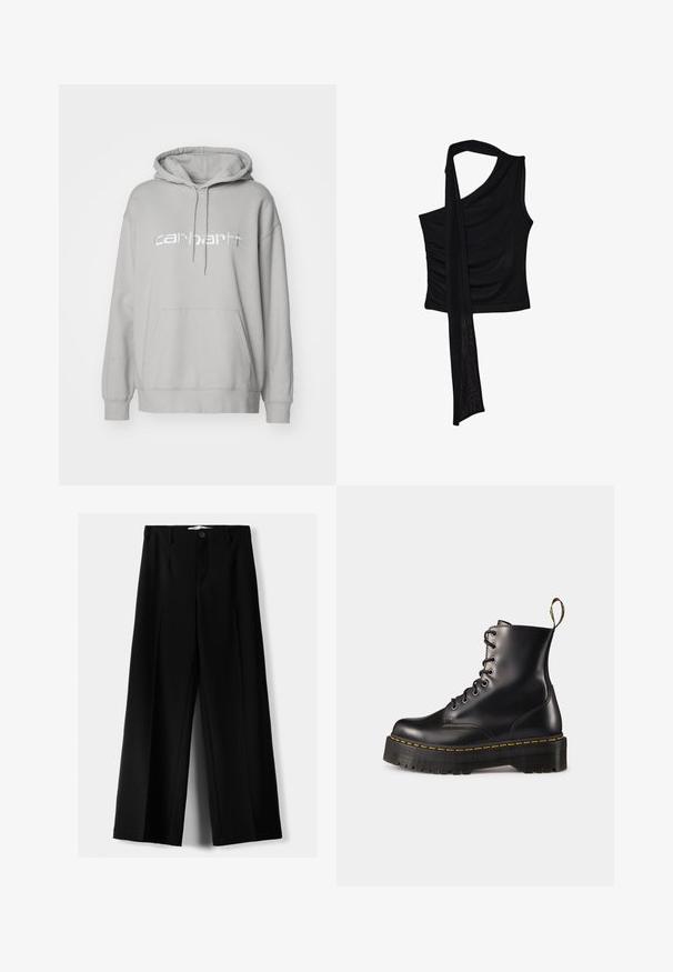 Carhartt WIP HOODED - Mikina - basalt/white; Čierna bezrukávová blúzka s jedným ramienkom, ktorá má prúdiaci a splývavý akcent a zloženú textúru na boku. Vyrobená z jemného materiálu.; Čierne široké nohavice z ľahkého materiálu, s predným zapínaním na gombík a plochým predným dielom, s pekne ušitými lemami.; Čierne kožené členkové topánky na šnurovanie s masívnou čiernou podrážkou a žltým prešitím. Obsahujú pútko na zadnej strane a okrúhle kovové očká.