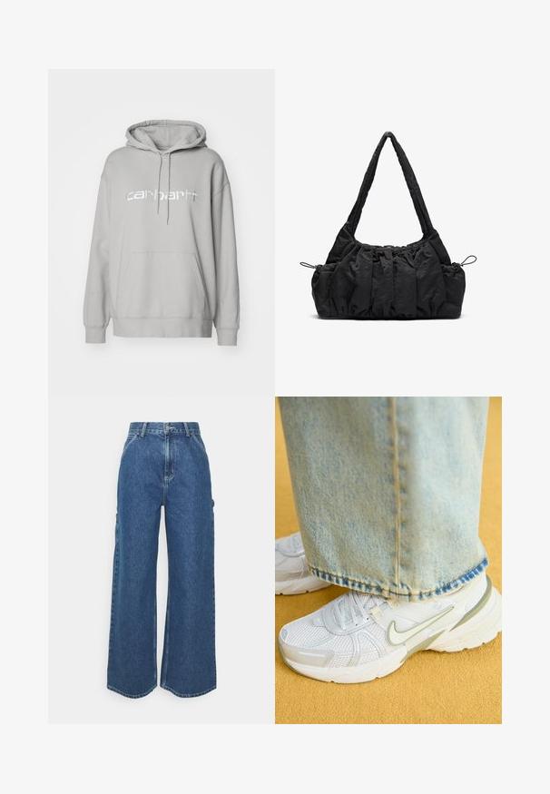 Carhartt WIP HOODED - Felpa - basalt/white; Pantaloni in denim blu a gamba larga con vita alta, cuciture a contrasto e tasche laterali, caratterizzati da un classico design a cinque tasche e orli grezzi.; Sneakers atletici bianchi con tomaia in rete, accenti verdi, suola testurizzata, abbinati a jeans in denim blu chiaro con orlo sfrangiato.; Borsa a tracolla in tessuto nero con texture arricciata, due manici e chiusura a coulisse sui lati. Materiale liscio e leggero.