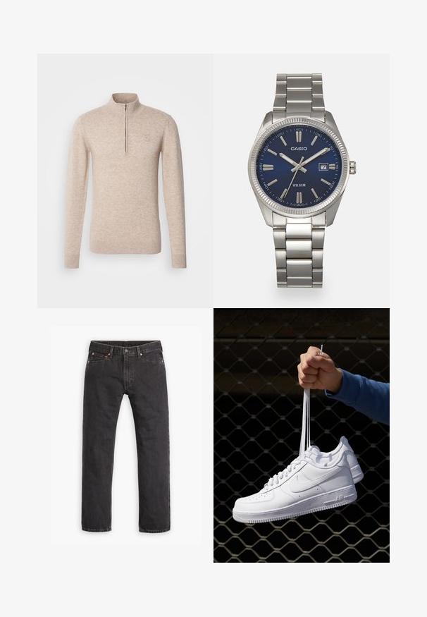 INDICODE JEANS Pullover - beige mix; Jeans en denim noirs à jambes droites avec cinq poches, fermeture à bouton et rivets cuivrés, posés à plat sur un fond blanc.; Baskets en cuir blanc avec perforations, à bout rond, semelle plate et lacets épais, arborant un logo swoosh visible et "AIR" sur le talon.; Montre-bracelet en acier inoxydable argenté avec un cadran bleu marine, des index métalliques et un affichage de la date à 3 heures. Résistante à l'eau jusqu'à 50 mètres.