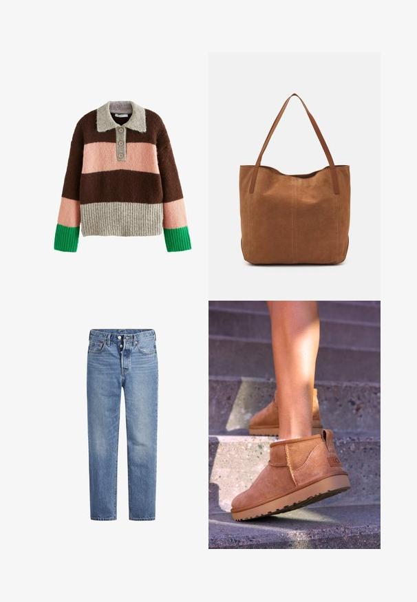 Next REGULAR FIT - Trui - neutral; Lichtblauwe spijkerbroek met een rechte snit, vijf zakken en een knoopsluiting. Heeft subtiele vervaging en oranje stikselaccenten.; Tamme suède enkelboots met een zachte textuur, gestikte details en een rubberen zool, met een lusvormige hak voor gemakkelijk aan- en uittrekken.; Bruine suède shoppers met twee lange handvatten, met een gladde textuur, eenvoudig ontwerp en zonder zichtbare hardware of accenten.