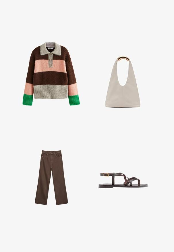 Next REGULAR FIT - Strickpullover - neutral; Weite braune Jeans aus Denim, mit hoher Taille, Fronttaschen und klassischem Knopfverschluss. Glatte Textur mit feinen Nähten.; Braune Leder-Sandale mit überkreuzten Riemen, einem Knöchelriemen mit Schnalle und einer flachen Sohle mit minimalen Nähdetails.; Hellgraue Lederhandtasche mit einem U-förmigen Design und einem geschwungenen, metallischen Griff. Glatte Textur mit minimalen Nähten und ohne sichtbare Muster.