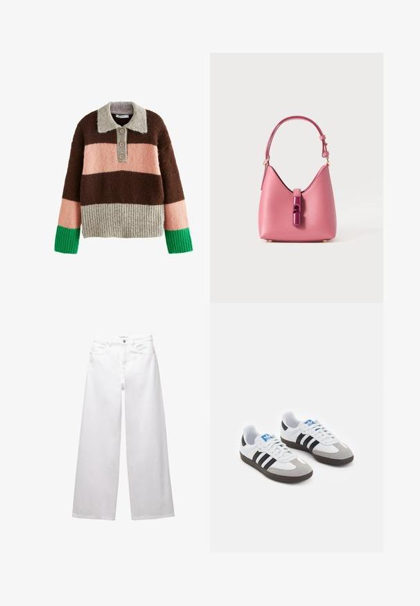 Next REGULAR FIT - Maglione - neutral; Jeans bianchi a gamba larga realizzati in denim. Presentano chiusura con bottone, tasche anteriori e posteriori, e cuciture rinforzate. Tessuto liscio con dettagli minimi.; Scarpe sportive con tomaia in pelle bianca, punta in suede grigia e tre strisce nere. Presentano un logo blu sulla linguetta e una suola in gomma testurizzata.; Borsa in pelle rosa con una forma strutturata, caratterizzata da una chiusura lucida e una sola tracolla regolabile. Finitura texturizzata con hardware dorato.