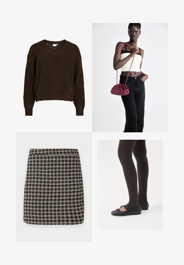Rjavo pleten pulover z v-izrezom, dolgimi rokavi in ohlapnim krojem. Teksturirana tkanina ima mehki, puhasti videz. Znotraj je vidna etiketa.; Črno-bež karirana mini krila z teksturirano tkanino in gladkim pasom, ki ima strukturirano prileganje in preprost dizajn.; Črne ravne čevlje z majhnim lokom na prstih, v kombinaciji s temno rjavimi rebrastimi nogavicami. Čevlji imajo gladko teksturo in nizko obliko.; Burgundska mehka torbica z zbranim dizajnom in dolgim trakom, nošena čez telo. Model nosi belo kratko majico in črne kavbojke.