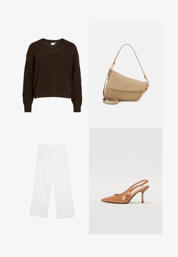 Maglione marrone lavorato a maglia con scollo a V, maniche lunghe e vestibilità ampia. Il tessuto testurizzato ha un aspetto morbido e peloso. Etichetta interna visibile.; Pantaloni a gamba larga in tessuto bianco, con una texture liscia, tasche anteriori e una vita classica con passanti per la cintura.; Tacco slingback a punta affusolata in un materiale tan liscio e lucido. Presenta un design con ritaglio curvo e un sottile tacco a stiletto. Dettaglio con fibbia argentata.; Even&Odd Borsa a mano - beige