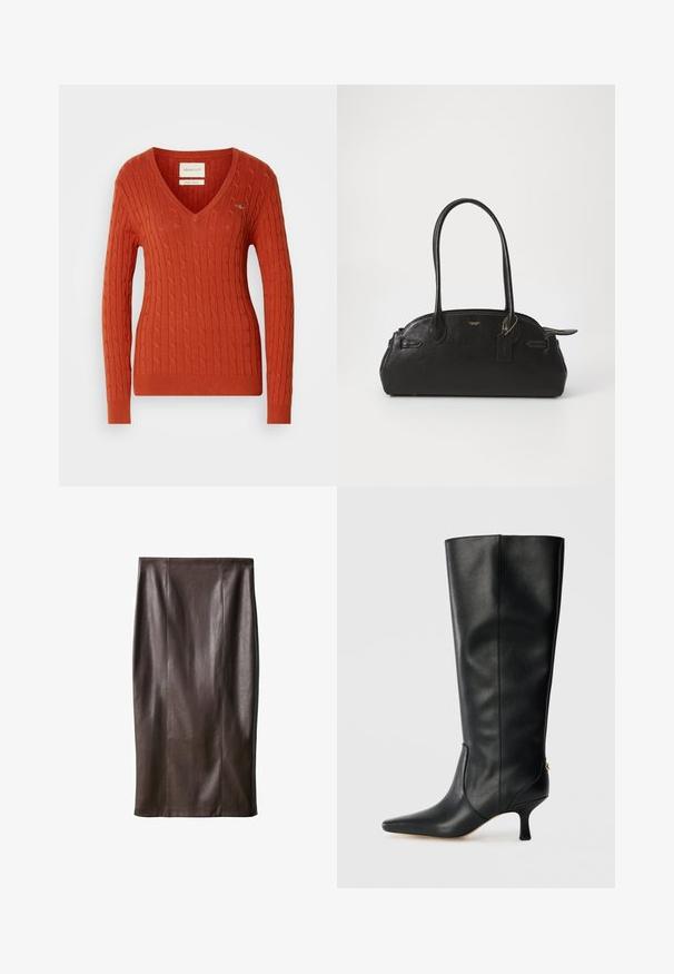 Červený svetr z pleteniny s V-výstřihem a dlouhými rukávy. Obsahuje pružné manžety a lem, a malé logo na levé hrudi.; Hnědá kožená sukně na tužku se hladkou strukturou, délka po kolena, s vertikálními švy pro design. Žádné další kovové prvky nebo akcenty.; Černá kožená vysoká kozačka s špičatou špičkou, štíhlým designem a zúženým 3palcovým podpatkem. Obsahuje zlatý akcent na zadní straně.; Černá kožená kabelka zaobleného tvaru, se dvěma dlouhými úchyty, zlatými detaily a malým štítkem. Uzávěr na zip.