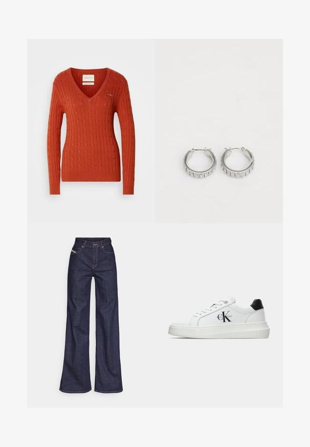 Rode kabelgebreide trui met een V-hals en lange mouwen. Kenmerken zijn geribbelde manchetten en zoom, en een klein logo op de linkerkant van de borst.; Donkerblauwe wijde jeans van denimstof met een hoge taille, voorzien van oranje stiksels, een vijf-pocket ontwerp en een knoopsluiting.; Witte lage sneaker met zwarte hiel tab, plateauzool, veters en Calvin Klein "CK" logo aan de zijkant.; Zilveren hoepel oorbellen met een textuurontwerp dat verticale ribbels heeft. Cirkelvormig met een veilige sluiting. Gladde afwerking.