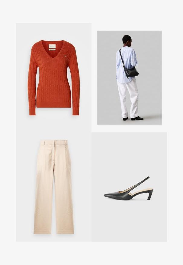 Raudonas megztinis su kabelinėmis mezgimo detalėmis, V formos iškirpte ir ilgomis rankovėmis. Yra siauras apvadas rankogaliuose ir apačioje, taip pat mažas logotipas kairėje krūtinės pusėje.; Smėliniai kelnių pagaminti iš lygios medžiagos. Turi tiesią pynimą, plokščią priekį ir dvi raukšles. Nėra matomų raštų ar metalinių detalių.; Juodas smailus slingback batelis su žemu kulnu, pagamintas iš lygaus odos paviršiaus ir su išpjovomis šone, užtikrinančiomis oro pralaidumą.; Juodas odinis petinis krepšys su minkšta tekstūra, trikampiu pavidalu ir reguliuojama juosta, derinamas su šviesiai mėlynu dryžuotu marškinėliu ir baltais džinsais.