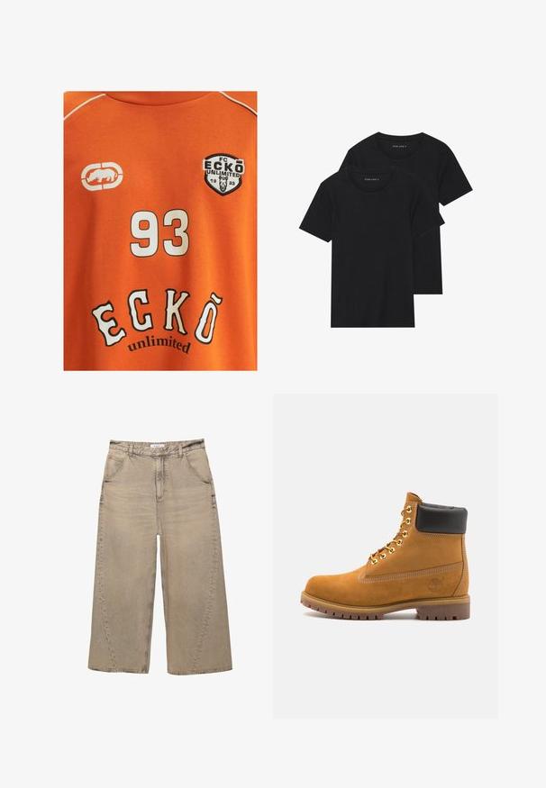 Oranges Baumwoll-T-Shirt mit einer weißen Nummer "93" und "ECKŌ unlimited" in schwarz-weißer Schrift. Enthält ein Logo mit einem Nashorn.; Zwei schwarze Baumwoll-T-Shirts mit kurzen Ärmeln, runden Ausschnitten und einer glatten Textur, übereinander gestapelt.; PULL&BEAR MEGA BAGGY - Baggy Jeans - light grey; Beige Wildleder-Ankle-Boot mit schwarzem gepolstertem Kragen, goldenen Metallösen, weißen Nähdetalben und einer robusten Gummisohle mit ausgeprägtem Profil.