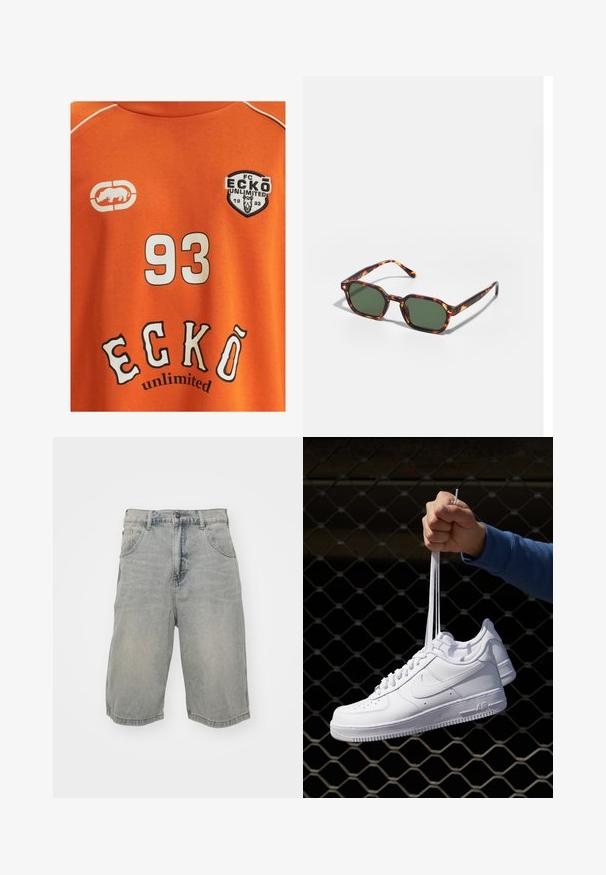 Pomarańczowa bawełniana koszulka z białą cyfrą "93" oraz napisem "ECKŌ unlimited" w czarnych i białych literach. Zawiera logo z nosorożcem.; Jasnoniebieskie szorty dżinsowe o luźnym kroju, z pięcioma kieszeniami, szlufkami na pasek oraz przetartą fakturą. Krawędź jest podwinięta i przyszyta.; Białe skórzane sneakersy z perforacjami, okrągłym noskiem, płaską podeszwą i grubymi sznurówkami, z widocznym logo swoosh i napisem „AIR” na pięcie.; Okulary przeciwsłoneczne w kolorze żółwim z zielonymi soczewkami, o ośmiokątnym kształcie i cienkich, zakrzywionych ramionach. Materiał ma błyszczące wykończenie.