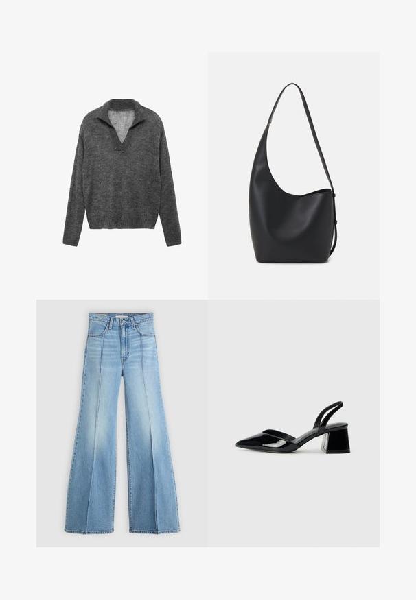 Grau gestrickter Pullover mit V-Ausschnitt und geripptem Saum. Besitzt eine lockere Passform und lange Ärmel, hergestellt aus weichem, strukturiertem Material.; Hellblaue, hoch geschnittene Jeans mit weitem Bein, Front- und Gesäßtaschen, Gürtelschlaufen und vertikalen Nahtdetails auf der Vorderseite.; Schwarze Lackleder-Slingback-High Heels mit spitzem Schuh und einem geometrischen Blockabsatz. Verfügt über ein schlankes, minimalistisches Design und eine glatte Textur.; Schwarze Leder-Hobo-Tasche mit einer glatten Textur, geschwungener Form und einem einzelnen verstellbaren Tragegurt; verfügt über eine weite Öffnung am oberen Ende.