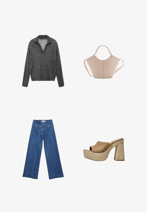 Sivi pleteni pulover s V izrezom i rebrastim rubom. Ima opuštenu siluetu i duge rukave, izrađen je od mekog teksturiranog materijala.; Denim široke hlače s medijskom plavom pranju, dva prednja džepa s dugmadi, i šivana dekoracija duž rubova.; Smeđe antilopne platforme mule s otvorenom prstima, koje imaju čvrsti pleteni jutu potplat i glatki, zaobljeni gornji dizajn.; Bež kožna torba jedinstvenog oblika, s dva kratka ručka i dugom podesivom trakom. Glatka tekstura s minimalnim metalnim dodacima.